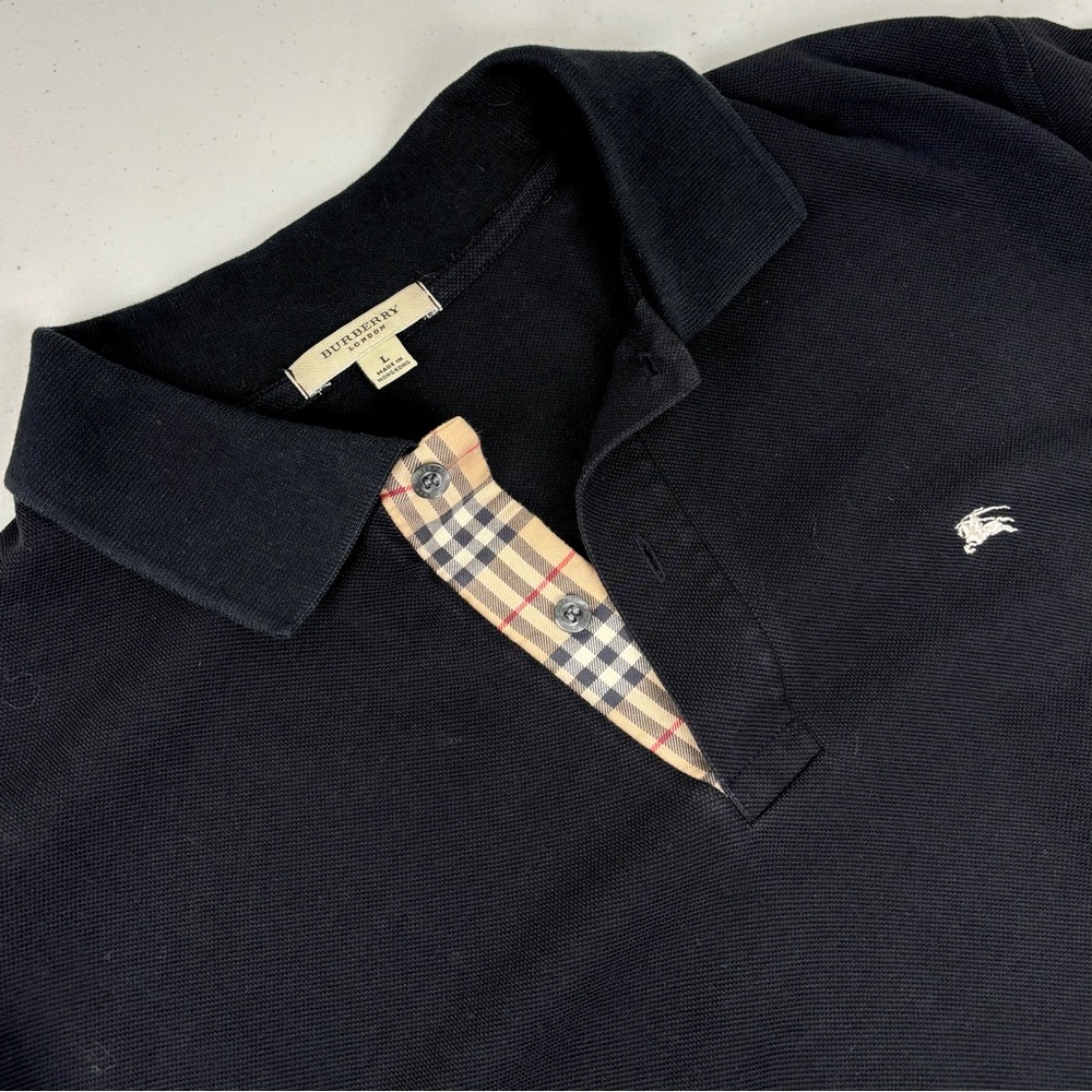 Burberry Polo Shirt Men’s L Large Black Cotton Nova Check Placket Logo